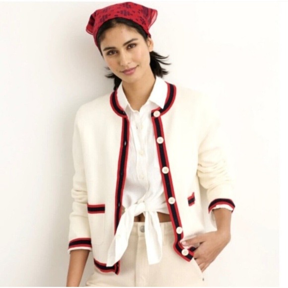 Alex Mill Sweaters - Alex Mill Margot Cardigan Sweater Size XS Ivory Red Black Trim Cotton Cashmere